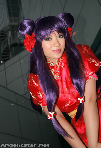 yaya han, shampoo (ranma 1/2), ranma 1/2, red footwear, photo (medium), angelicstar, asian, belt, china dress, chinese clothes, cosplay, dress, flower, long dress, photo shoot, purple hair, red dress, shoes