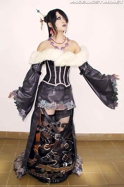 yaya han, lulu (ff10), final fantasy, final fantasy x, fur, photo (medium), angelicstar, belt, black dress, black hair, cosplay, dress, jewelry, long dress, necklace