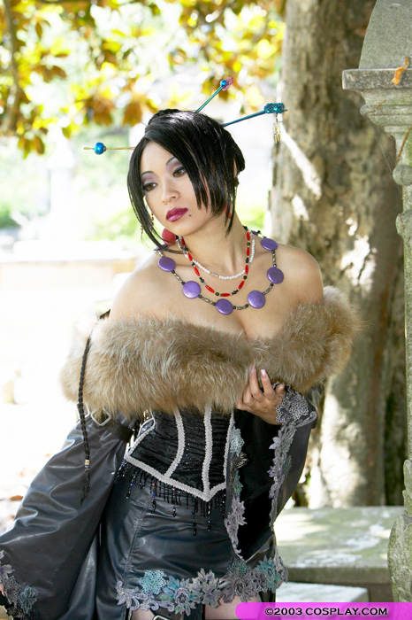 yaya han, lulu (ff10), final fantasy, final fantasy x, fur, photo (medium), angelicstar, belt, black dress, black hair, cosplay, dress, jewelry, long dress, necklace, photo shoot