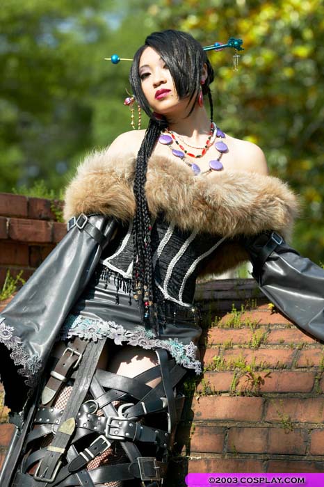 yaya han, lulu (ff10), final fantasy, final fantasy x, fur, photo (medium), angelicstar, belt, black dress, black hair, cosplay, dress, hair over one eye, jewelry, long dress, necklace, photo shoot