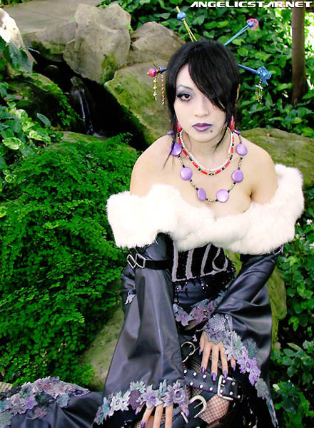 yaya han, lulu (ff10), final fantasy, final fantasy x, fur, photo (medium), angelicstar, belt, black dress, black hair, braid, cosplay, dress, hair over one eye, jewelry, long dress, necklace, photo shoot