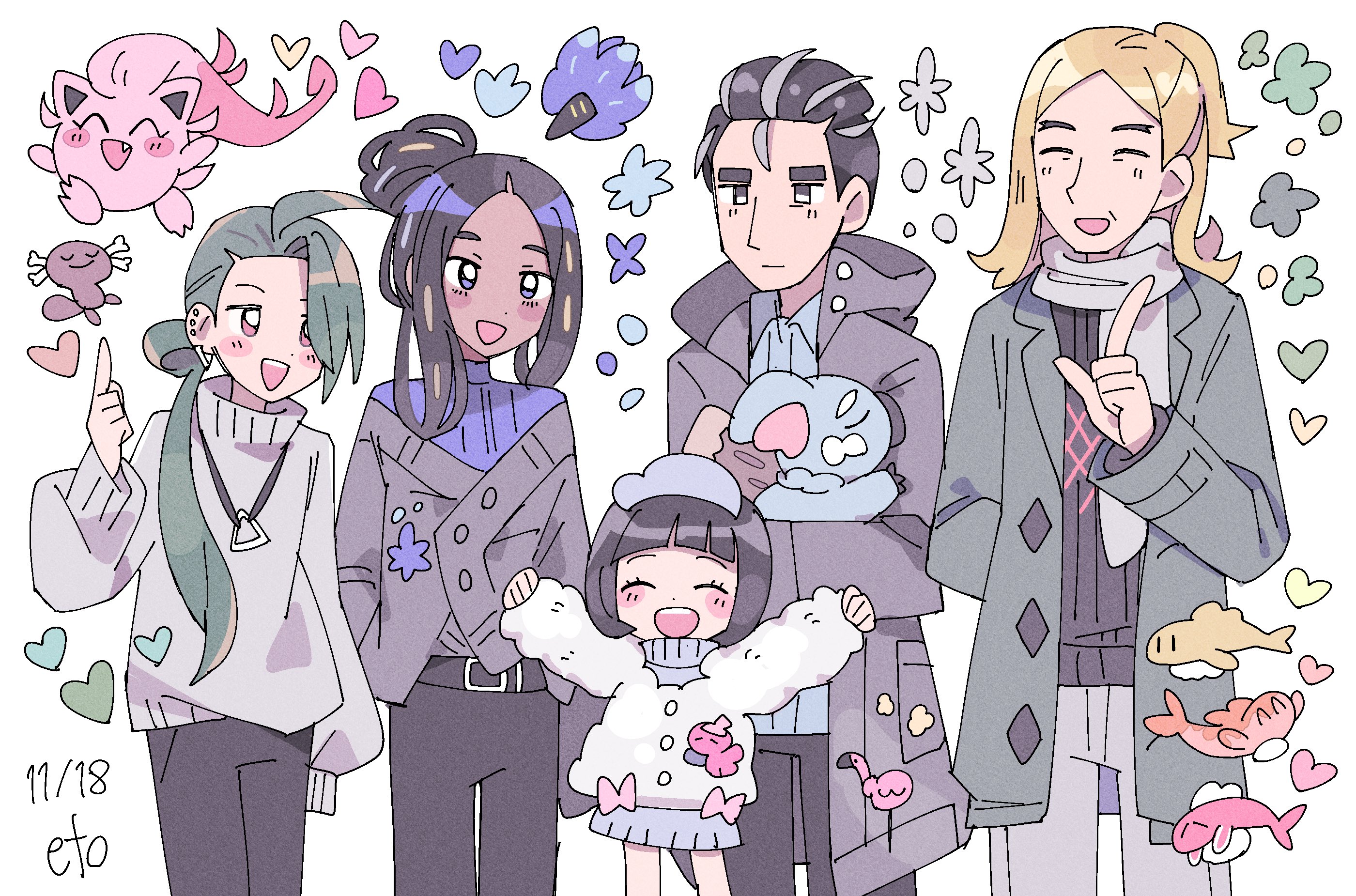 remoooon, geeta (pokemon), glimmora, hassel (pokemon), komala, larry (pokemon), paldean wooper, poppy (pokemon), rika (pokemon), scream tail, tatsugiri, nintendo, pokemon, pokemon sv, highres, 2boys, 3girls, :d, alternate costume, black eyes, black hair, black pants, black sweater, blonde hair, blue shirt, blush stickers, cardigan, chibi, chibi inset, closed eyes, coat, collared shirt, dress, fang, fur coat, gen 7 pokemon, green coat, green hair, grey cardigan, grey coat, grey dress, grey sweater, half updo, long hair, looking at viewer, multiple boys, multiple girls, open mouth, pants, pointing, pokemon (creature), ponytail, red eyes, scarf, shirt, simple background, smile, standing, sweater, sweater dress, upper body, white background, white coat, white scarf