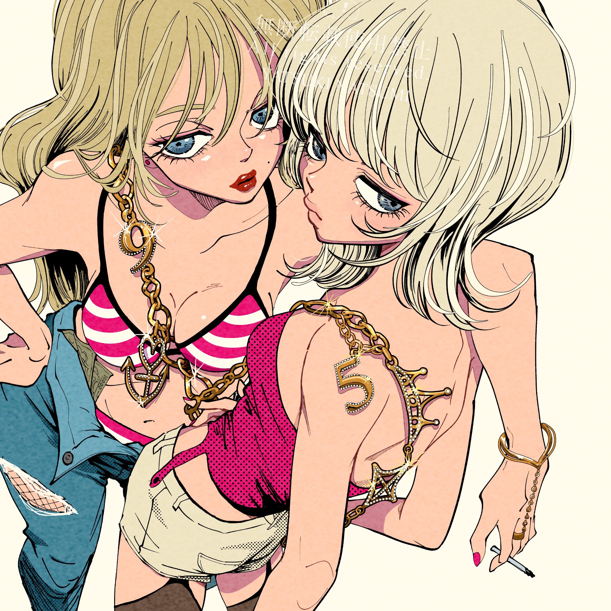 yatsuki natsumi, original, commentary request, highres, 2girls, bare shoulders, bikini, bikini under clothes, blonde hair, bracelet, breasts, chain, cigarette, collarbone, denim, earrings, fishnets under jeans, from above, from behind, gold chain, gold necklace, grey eyes, hand on own hip, jeans, jellyfish cut, jewelry, lipstick, long hair, looking at viewer, makeup, medium breasts, mole, mole under eye, money, multiple girls, nail polish, navel, necklace, pants, pink bikini, pink lips, pink nails, pink tank top, polka dot, red lips, simple background, striped bikini, striped clothes, stud earrings, swimsuit, tank top, toned, tucked money, white background, white bikini, wolf cut