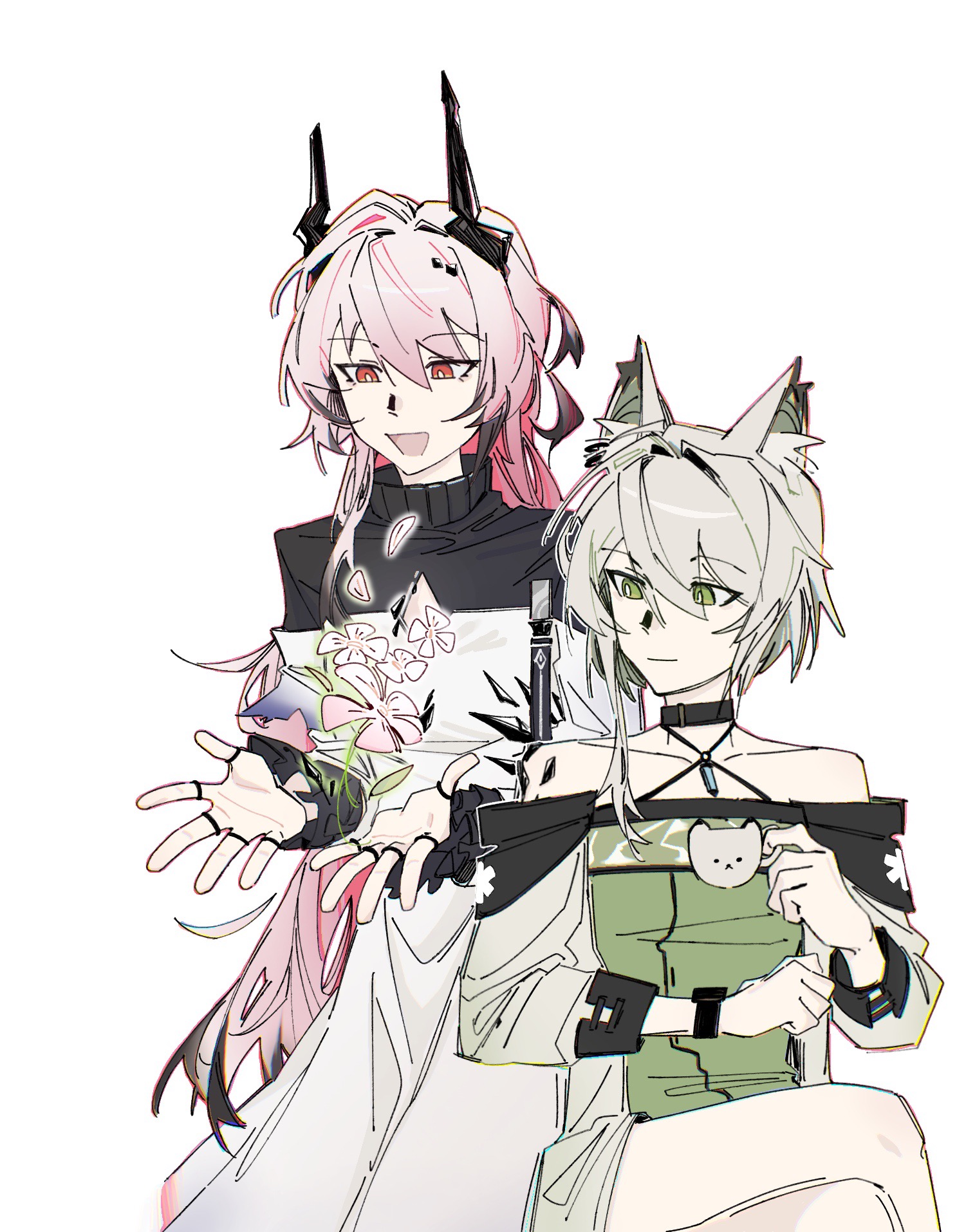 qianxidasuan (suan wu cao), infection monitor (arknights), kal'tsit (arknights), theresa (arknights), arknights, chinese commentary, commentary request, highres, 2girls, animal ears, black choker, cat ears, cat girl, cat mug, choker, dress, flower, green eyes, green hair, horns, jewelry, long hair, multiple girls, multiple rings, open mouth, pink hair, red eyes, ring, simple background, watch, white background, white dress, wristwatch