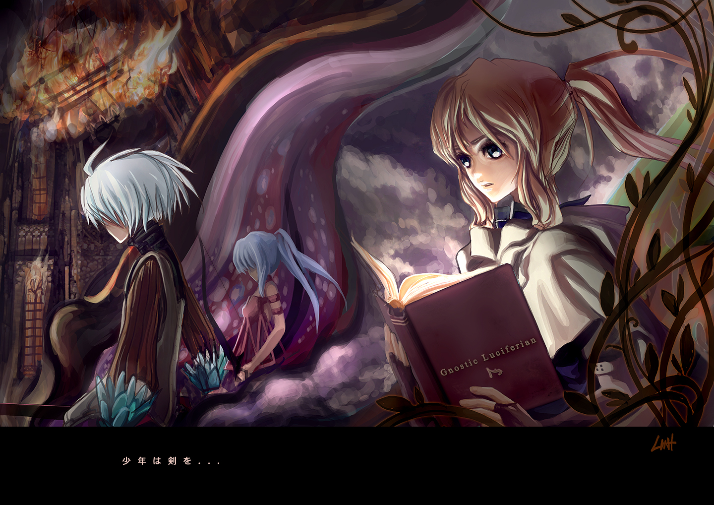 lin+, original, blonde hair, blue hair, book, bow, fire, plant, ponytail