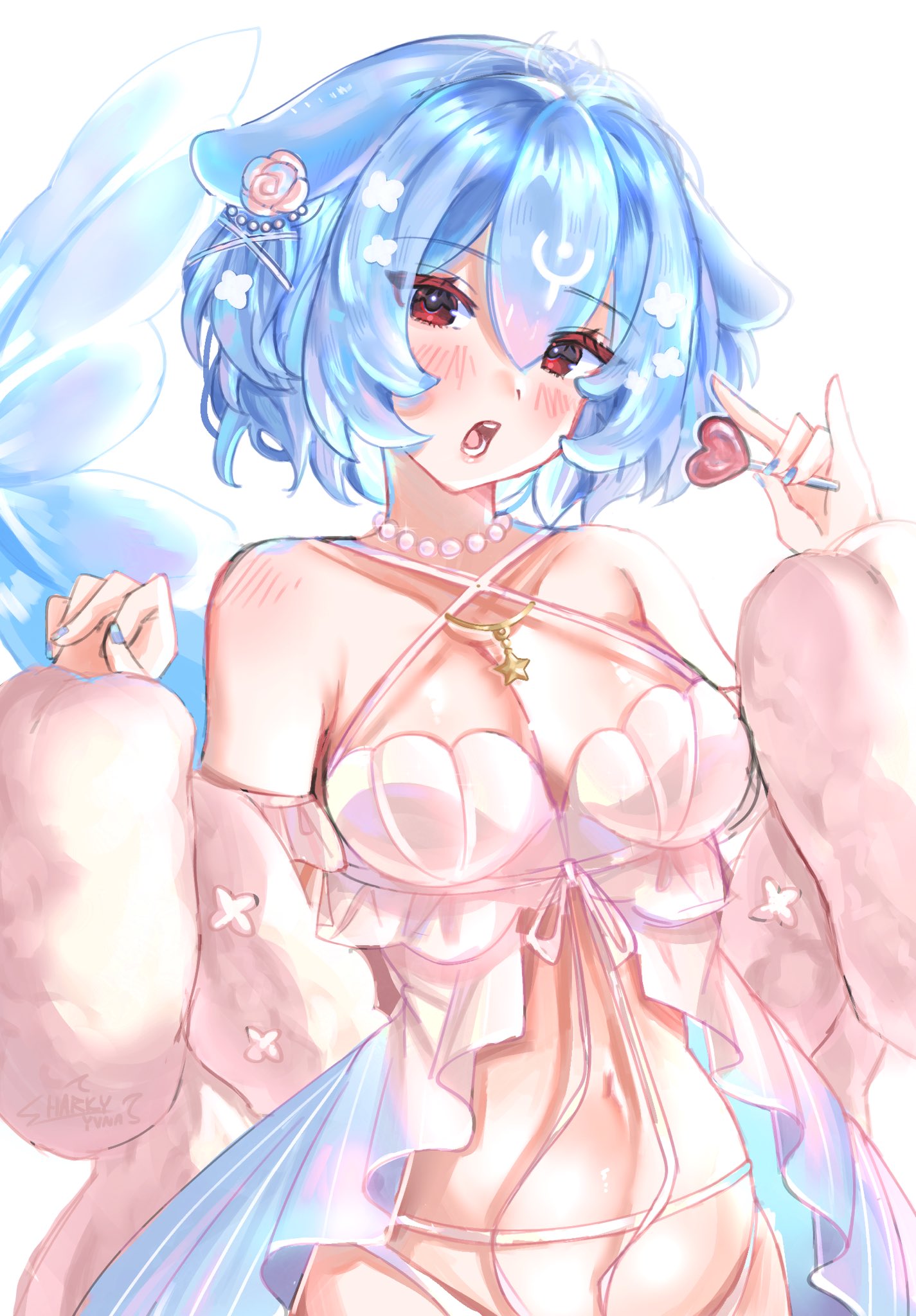 sharkyyuna, bao (vtuber), indie virtual youtuber, commentary, english commentary, highres, 1girl, bare shoulders, blue hair, blush, breasts, candy, cleavage, cowboy shot, detached sleeves, double-parted bangs, dress, food, hair between eyes, hair ornament, hands up, heart, heart-shaped food, heart-shaped lollipop, holding, holding candy, holding food, holding lollipop, lollipop, looking at viewer, medium breasts, open mouth, pearl choker, pink dress, red eyes, shaped lollipop, short hair, simple background, solo, star (symbol), star ornament, virtual youtuber, white background