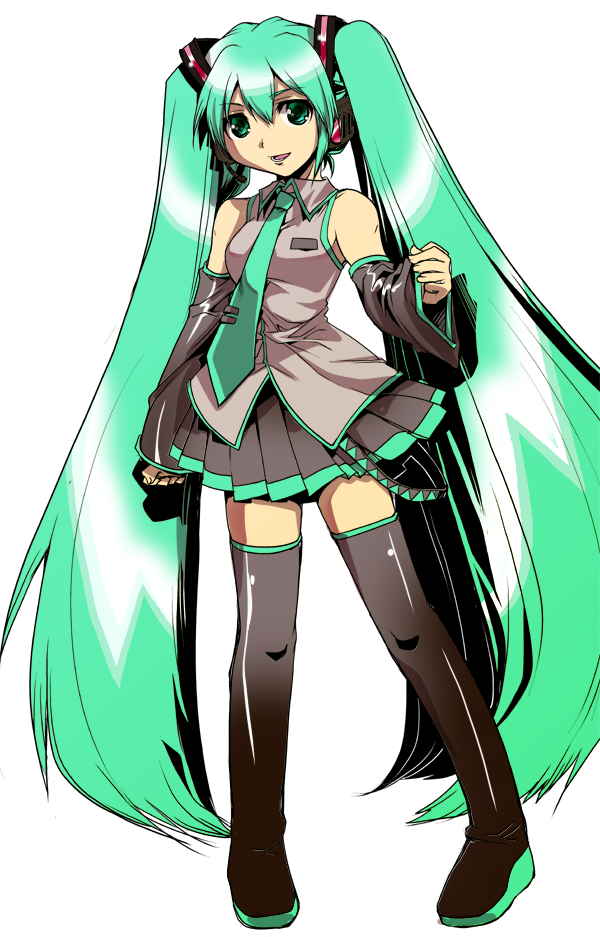 tokita monta, hatsune miku, vocaloid, aqua eyes, aqua hair, detached sleeves, headphones, long hair, necktie, skirt, solo, thighhighs, twintails