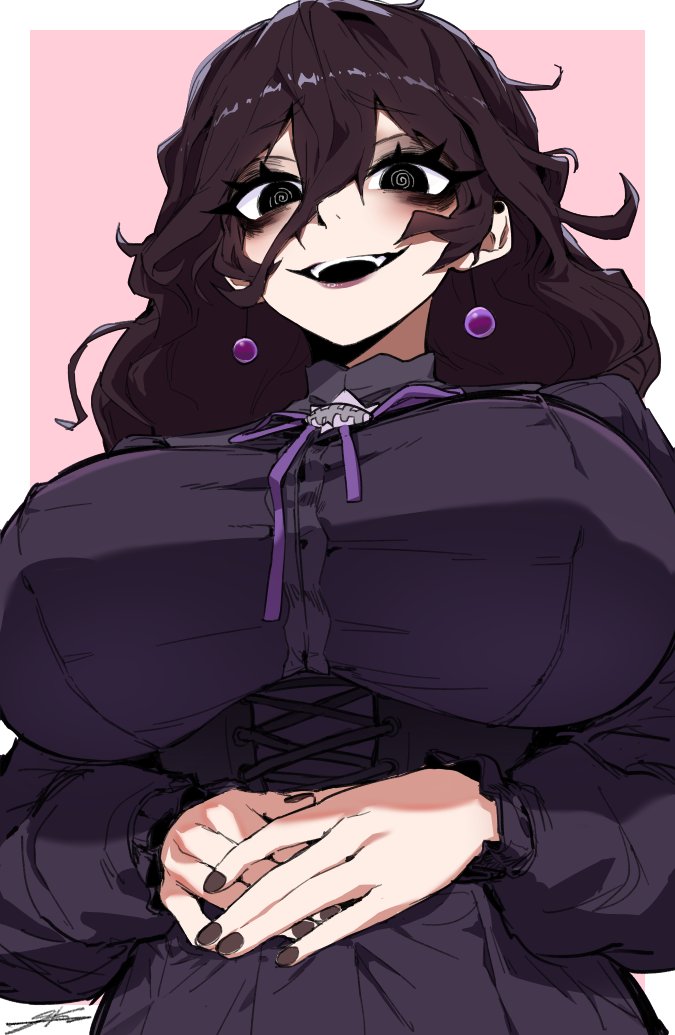 j.k., hex maniac (pokemon), hex maniac (pokemon legends: z-a), nintendo, pokemon, pokemon legends: z-a, commentary, 1girl, @ @, bags under eyes, black dress, black eyes, black eyeshadow, black hair, black nails, breasts, dress, earrings, eyeshadow, fingernails, gesugao, hair between eyes, huge breasts, jewelry, juliet sleeves, large earrings, long fingernails, long hair, long sleeves, makeup, nail polish, puffy sleeves, ribbon, ringed eyes, sphere earrings