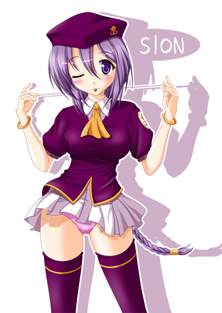 yukimura, yukimura1130, sion eltnam (type-moon), sion eltnam atlasia, melty blood, tsukihime, type-moon, 00s, 1girl, :p, bracelet, braid, clothes lift, female focus, hat, jewelry, long hair, miniskirt, one eye closed, panties, purple eyes, purple hair, single braid, skirt, skirt lift, solo, thighhighs, tongue, tongue out, underwear, wind, wind lift, wink