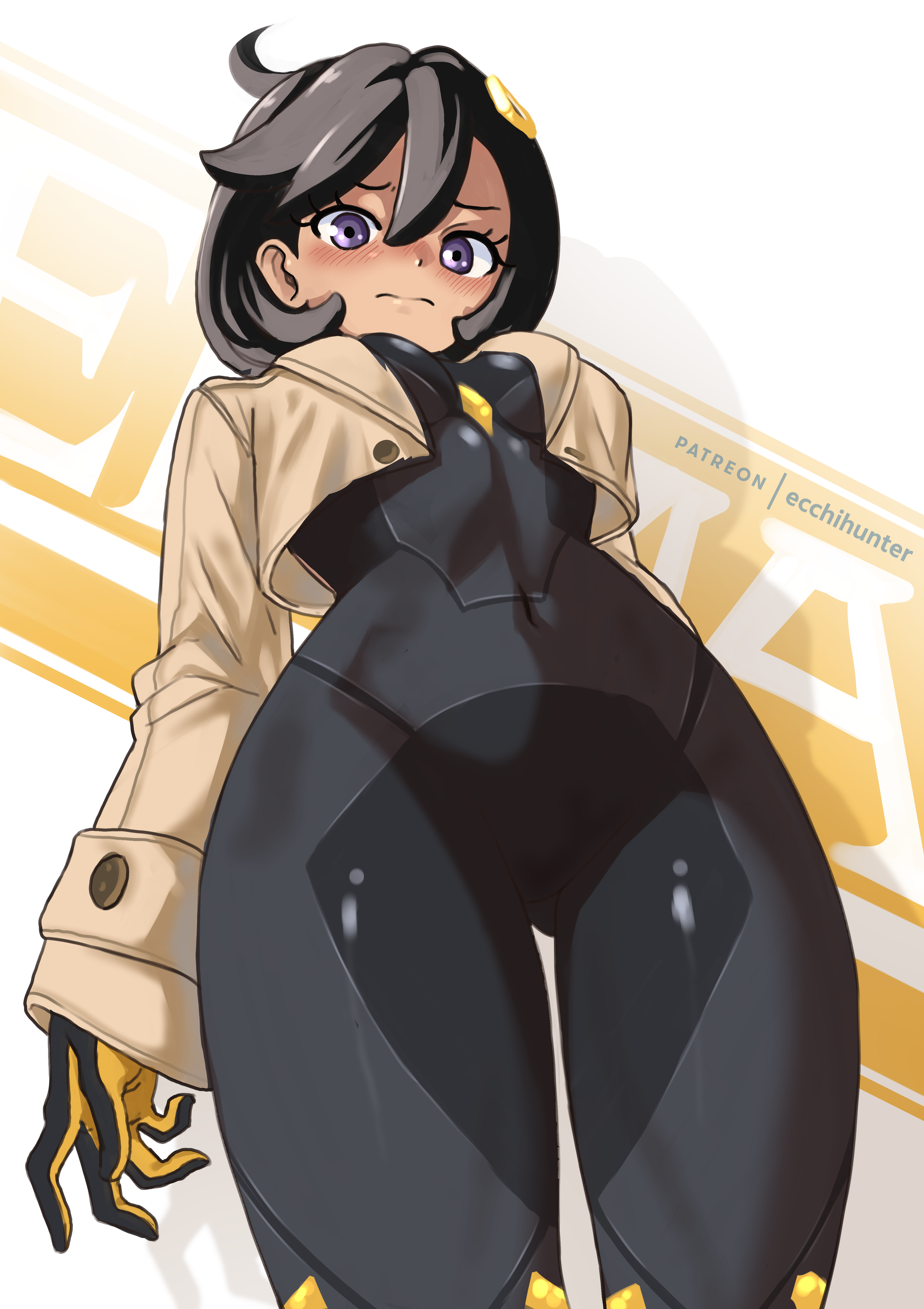 eiko (ecchihunter), emma (pokemon), nintendo, pokemon, pokemon legends: z-a, absurdres, highres, mixed-language commentary, 1girl, black bodysuit, black hair, bodysuit, bodysuit under clothes, breasts, brown jacket, character name, closed mouth, covered navel, embarrassed, eyelashes, gloves, hair between eyes, jacket, long sleeves, looking down, open clothes, open jacket, patreon username, purple eyes, short hair, solo