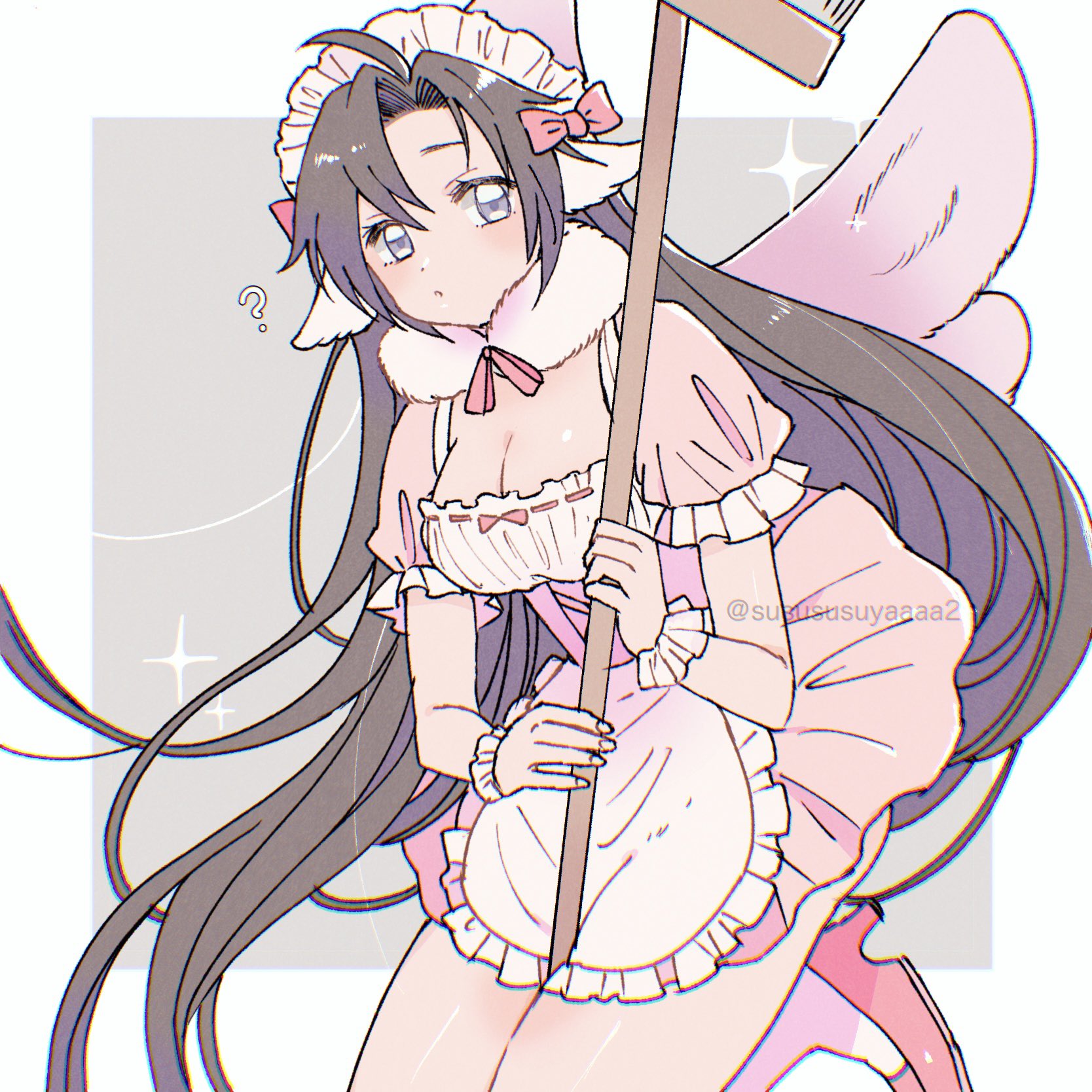 wei wuxian, wei wuxian (yiling laozu), modao zushi, highres, 1girl, ?, ahoge, alternate costume, apron, arthropod girl, bare legs, between legs, black hair, blush, bow, breasts, brown hair, cleavage, dress, enmaided, frilled dress, frilled sleeves, frills, fur collar, genderswap, genderswap (mtf), grey eyes, hair bow, hair down, half updo, high heels, holding, holding mop, insect girl, insect wings, kemonomimi mode, long hair, looking at viewer, maid, maid apron, maid headdress, medium breasts, mop, moth girl, moth wings, neck ribbon, official alternate hairstyle, parted lips, pink bow, pink dress, pink ribbon, pink shoes, puffy short sleeves, puffy sleeves, ribbon, shoes, short dress, short sleeves, solo, sparkle, twitter username, very long hair, white apron, wings, wrist cuffs, yaichi00