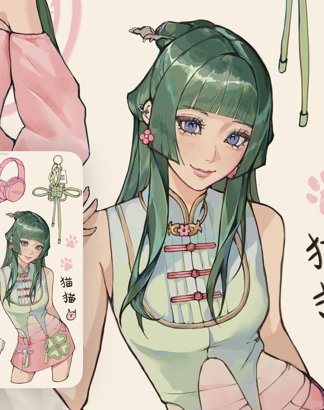 sumi (suumiko ), maomao (kusuriya no hitorigoto), kusuriya no hitorigoto, highres, 1girl, beads, chinese clothes, dress, green hair, green hanfu, hair beads, hair ornament, hanfu, multi-tied hair, pink hanfu, solo