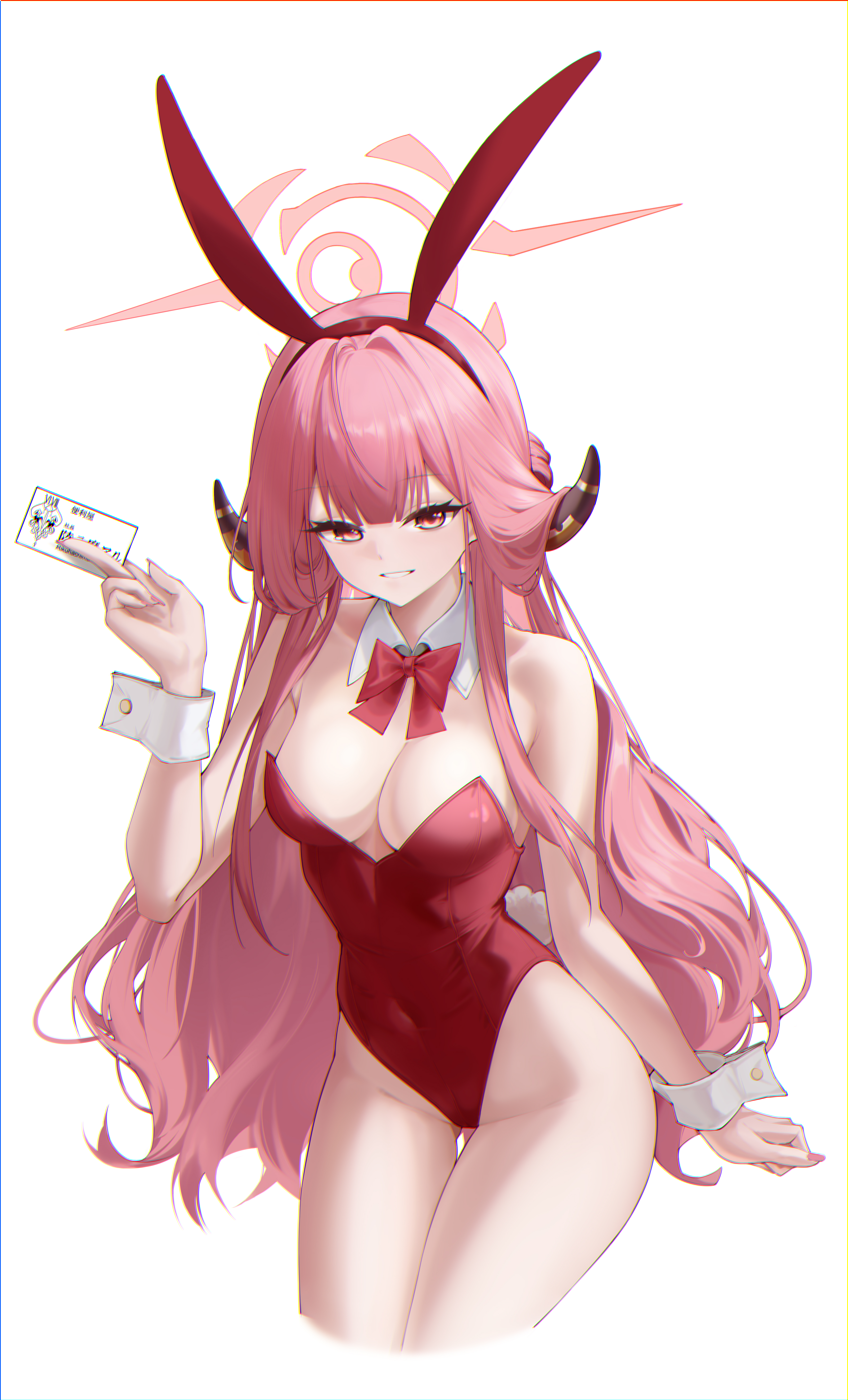 guagua wa dvb, aru (blue archive), blue archive, absurdres, highres, 1girl, alternate costume, animal ear hairband, animal ears, bow, bowtie, brown horns, card, covered navel, demon horns, detached collar, fake animal ears, fake tail, hairband, halo, highleg, highleg leotard, holding, holding card, horns, leotard, long hair, looking at viewer, pink hair, pink halo, playboy bunny, rabbit ear hairband, rabbit ears, rabbit tail, red leotard, smile, solo, strapless, strapless leotard, tail, white background, white wrist cuffs, wrist cuffs