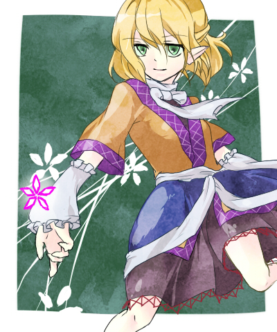 hamuro, hamuro (866), mizuhashi parsee, touhou, bad id, bad pixiv id, lowres, 1girl, blonde hair, detached sleeves, female focus, green eyes, half updo, solo