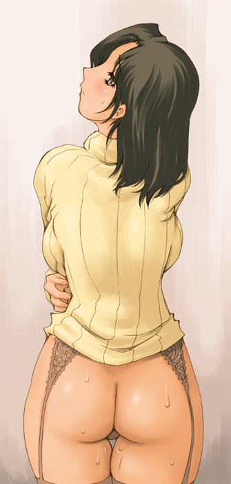 ishida masayuki, copyright request, 1girl, ass, black hair, blush, bottomless, cowboy shot, female focus, from behind, garter belt, garter straps, gradient background, legs together, looking at viewer, looking back, mature female, medium hair, ribbed sweater, ribbed turtleneck sweater, simple background, solo, standing, sweat, sweater, thighhighs, turtleneck, yellow sweater