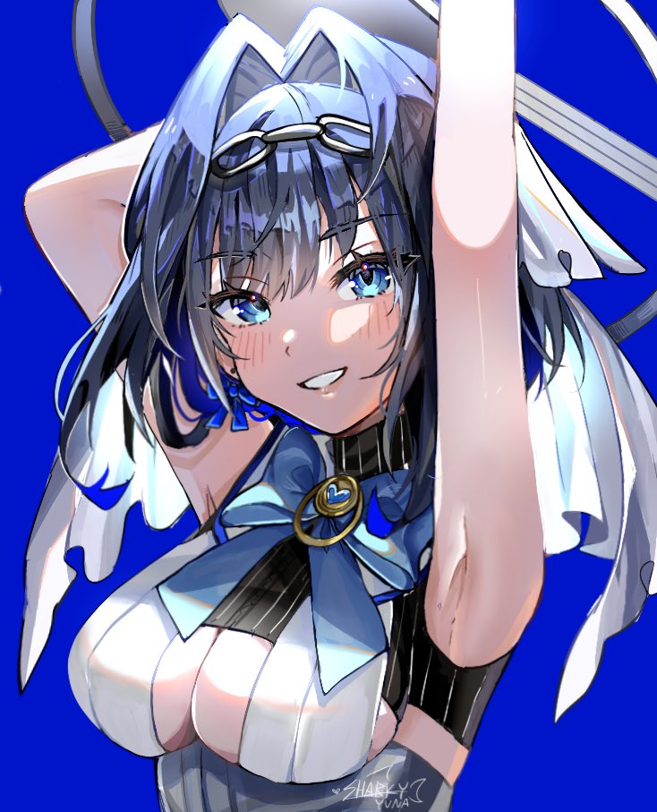 sharkyyuna, ouro kronii, ouro kronii (1st costume), hololive, hololive english, commentary, english commentary, 1girl, armpits, arms up, blue background, blue eyes, blue gemstone, blue hair, blush, bow, bow earrings, breasts, chain, chain headband, choppy bangs, earrings, gem, hair intakes, halo, heart-shaped gem, jewelry, large breasts, looking at viewer, mechanical halo, shirt, short hair, simple background, sleeveless, sleeveless shirt, smile, solo, upper body, virtual youtuber, white shirt