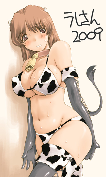 ishida masayuki, original, 00s, 1girl, 2009, animal print, bell, bikini, breasts, brown hair, collar, covered erect nipples, cow girl, cow print, cow print bikini, cow tail, cowbell, elbow gloves, female focus, gloves, horns, large breasts, neck bell, new year, print bikini, solo, swimsuit, tail, thighhighs, white bikini