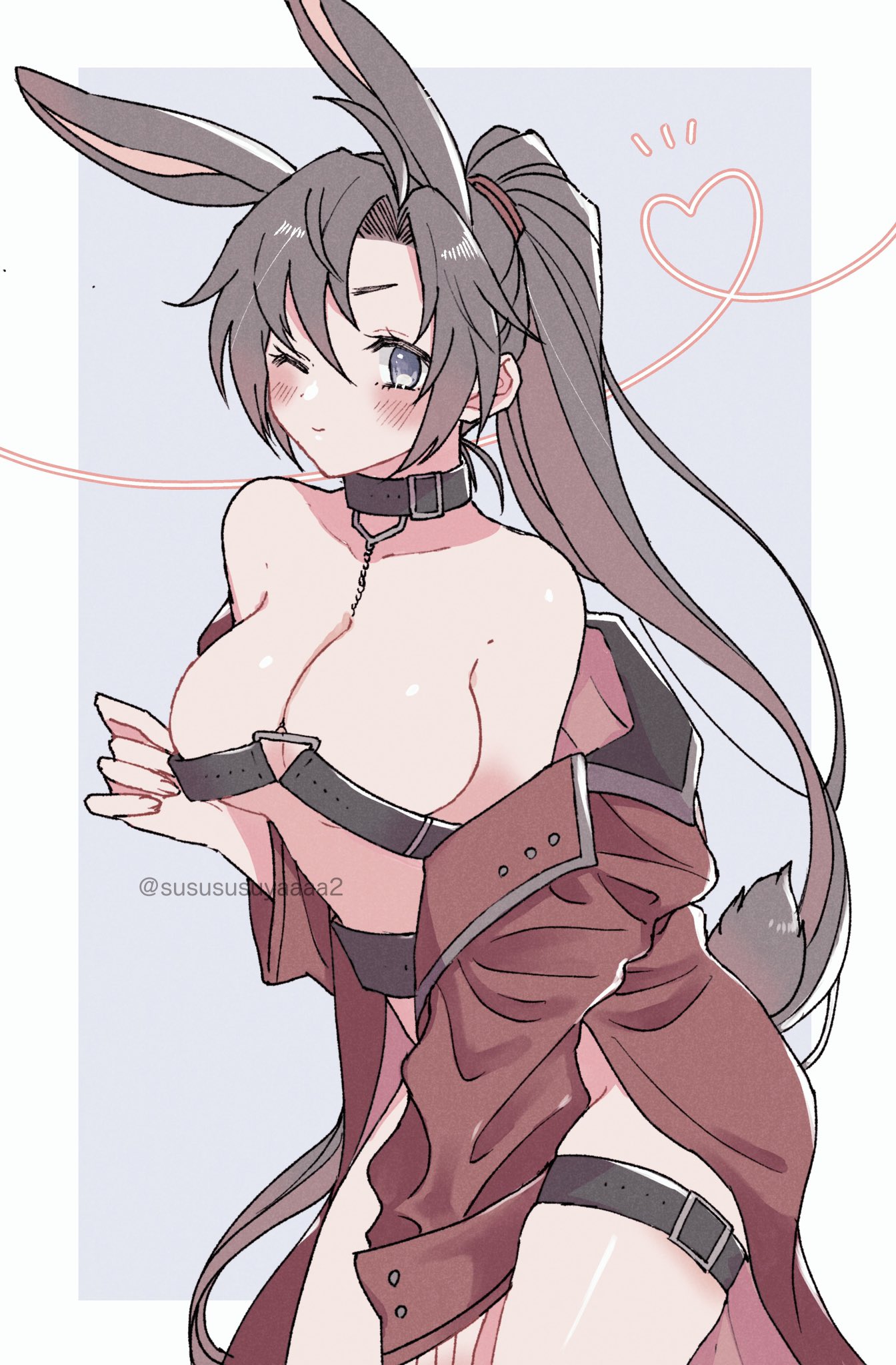 wei wuxian, modao zushi, highres, 1girl, ;), ahoge, alternate costume, animal ears, bare shoulders, belt, between breasts, between legs, black belt, black collar, blush, border, breasts, brown hair, buckle, chain, chest belt, chest harness, cleavage, closed mouth, collar, collarbone, cowboy shot, extra ears, eyelashes, genderswap, genderswap (mtf), grey background, grey eyes, hair between eyes, hair tie, hand between legs, harness, heart, jacket, jewelry, kemonomimi mode, large breasts, long hair, long sleeves, looking at viewer, naked jacket, navel, o-ring, off shoulder, one eye closed, open clothes, open jacket, ponytail, rabbit ears, rabbit girl, rabbit tail, red jacket, revealing clothes, simple background, smile, solo, standing, tail, thigh strap, twitter username, very long hair, yaichi00