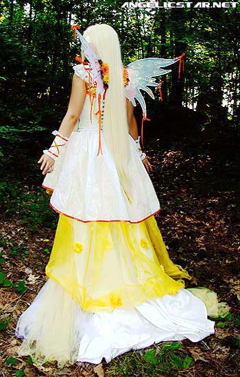 clamp, yaya han, chii, chobits, photo (medium), angelicstar, blonde hair, bow, cosplay, dress, grass, long dress, long hair, photo shoot, short twintails, twintails, wings, yellow dress