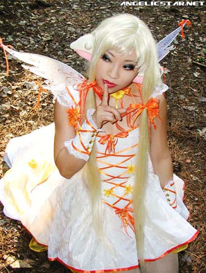 clamp, yaya han, chii, chobits, photo (medium), angelicstar, blonde hair, bow, cosplay, dress, lipstick, long dress, long hair, makeup, photo shoot, red lips, short twintails, twintails, wings, yellow dress