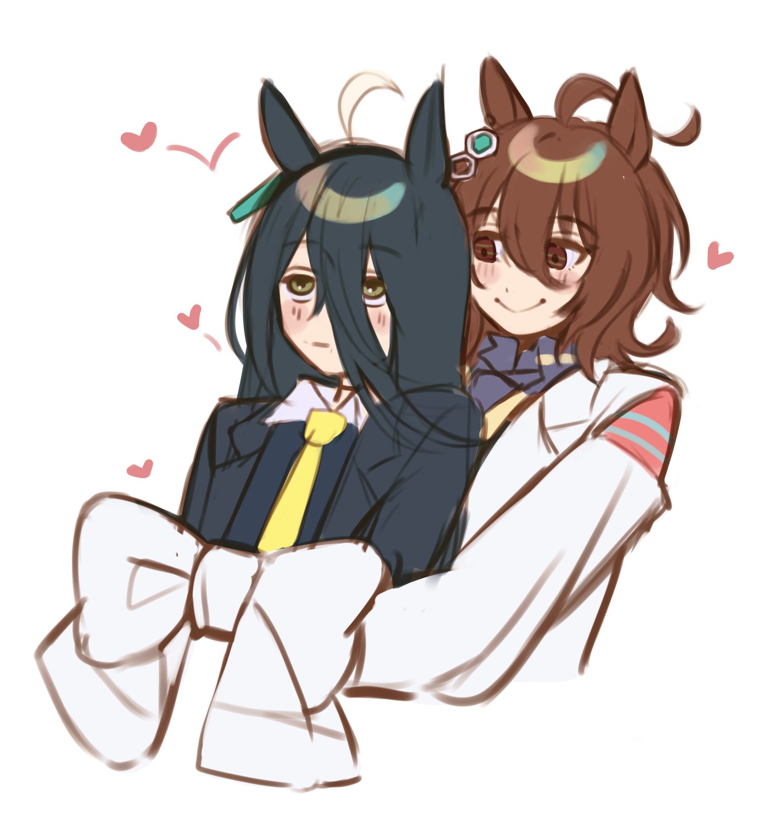 mujintou png, agnes tachyon (umamusume), manhattan cafe (umamusume), umamusume, highres, ahoge, black hair, black shirt, blush, brown hair, capelet, collared shirt, contrast collar, hug, hug from behind, lab coat, long hair, medium hair, multicolored hair, necktie, shirt, simple background, sleeves past fingers, sleeves past wrists, sleeves tied together, white background, white capelet, white hair, yellow necktie, yuri