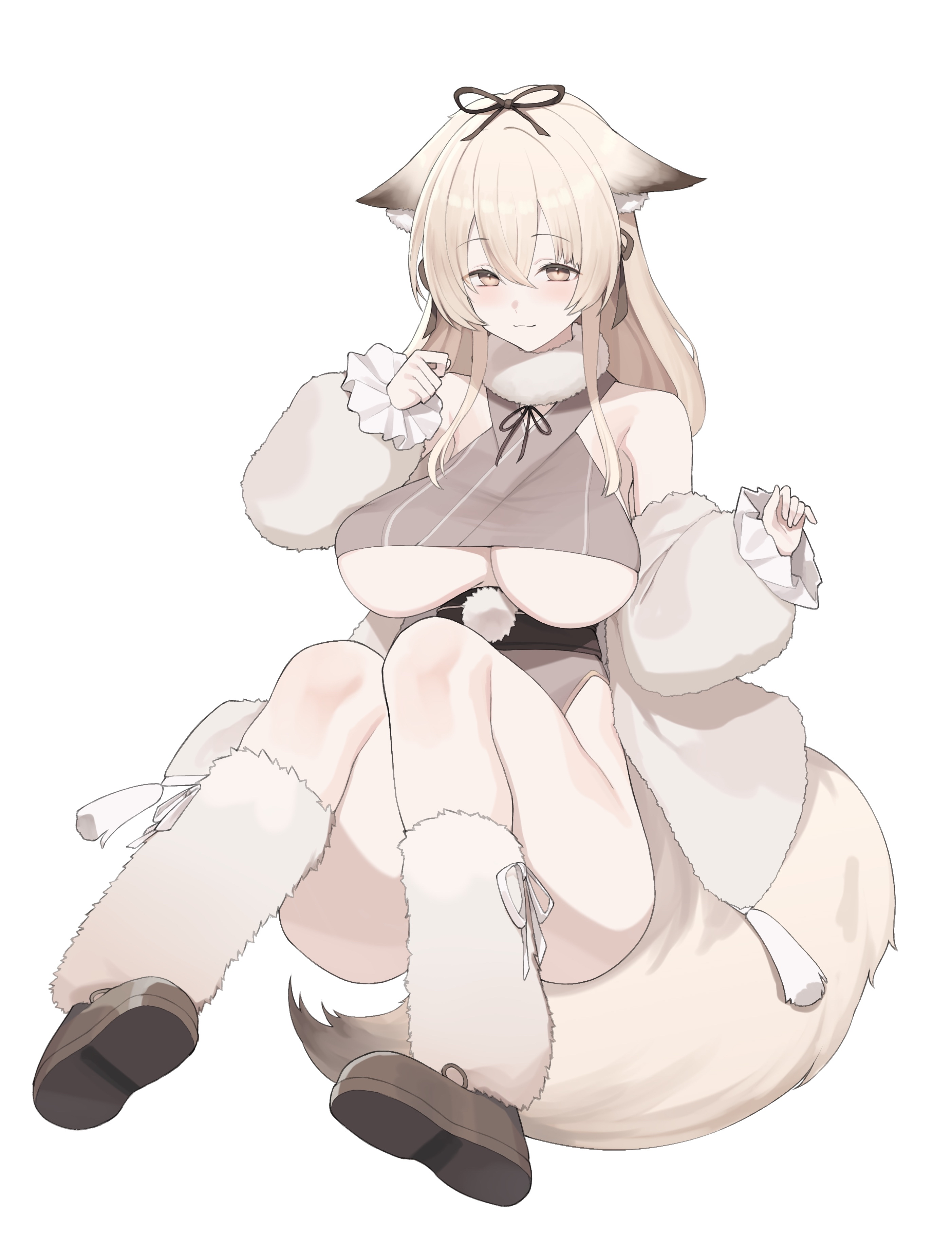 kurowanjjyang, minase (azur lane), azur lane, absurdres, highres, 1girl, animal ear fluff, animal ears, breasts, crossed bangs, droopy ears, fox ears, fox girl, fox tail, full body, fur collar, fur jacket, jacket, knees together feet apart, large breasts, long hair, open clothes, open jacket, plum, sitting, solo, tail, underboob, white background