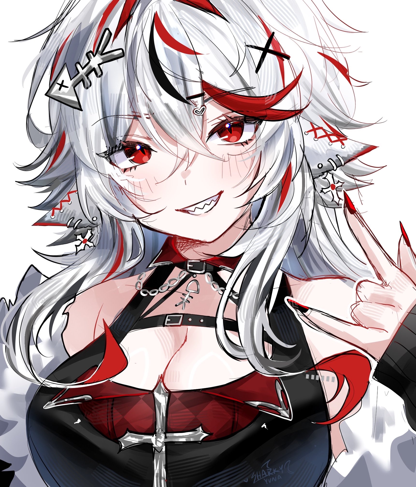 sharkyyuna, indie virtual youtuber, commentary, english commentary, highres, 1girl, m/, animal ear piercing, animal ears, bare shoulders, black shirt, breasts, cleavage, cross, cross earrings, cross ornament, crossed bangs, double-parted bangs, earrings, fingernails, fish skeleton hair ornament, grin, hair between eyes, hair ornament, hand up, jewelry, large breasts, long hair, looking at viewer, multicolored hair, nail polish, red eyes, red nails, red streaks, sharkyyuna (vtuber), sharp teeth, shirt, simple background, sleeveless, sleeveless shirt, smile, solo, streaked hair, teeth, upper body, virtual youtuber, white background, white hair, x hair ornament
