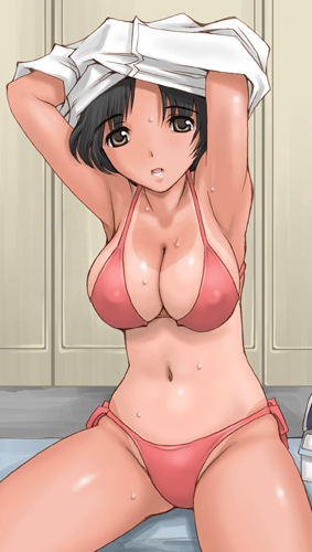 ishida masayuki, original, lowres, 1girl, armpits, arms up, bikini, black hair, breasts, covered erect nipples, female focus, huge breasts, locker, locker room, navel, one-piece tan, red bikini, short hair, solo, swimsuit, tan, tanline, undressing, wet