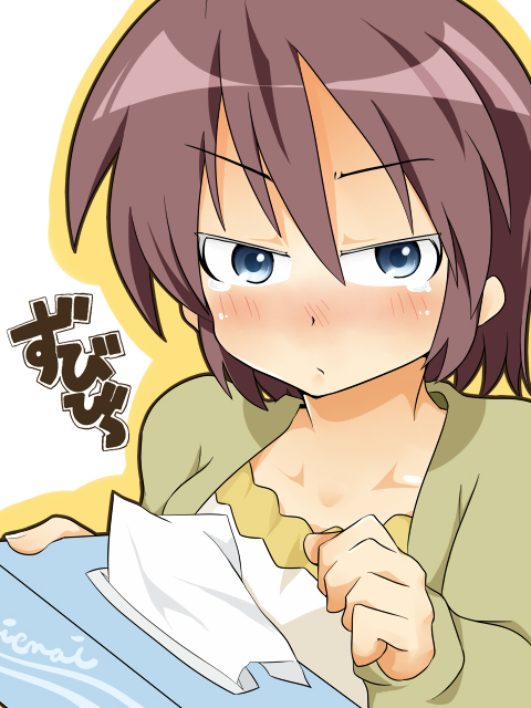 shing (sorairo factory), hiiragi inori, lucky star, 00s, blue eyes, blush, brown hair, short hair, solo, tears, tissue, tissue box