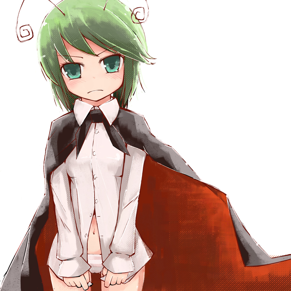 nakedgeneral, wriggle nightbug, touhou, 1girl, antennae, cape, female focus, green eyes, green hair, matching hair/eyes, panties, solo, striped clothes, striped panties, underwear, white background