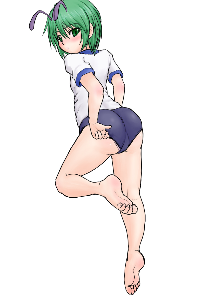 kuro suto sukii, wriggle nightbug, touhou, highres, 1girl, adjusting buruma, adjusting clothes, alternate costume, antennae, ass, barefoot, buruma, feet, female focus, green eyes, green hair, gym uniform, matching hair/eyes, short hair, simple background, solo, white background