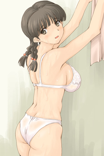 ishida masayuki, lowres, 1girl, bra, braid, breasts, brown eyes, brown hair, female focus, large breasts, lingerie, panties, see-through clothes, sideboob, solo, twin braids, underwear, underwear only, white bra, white panties