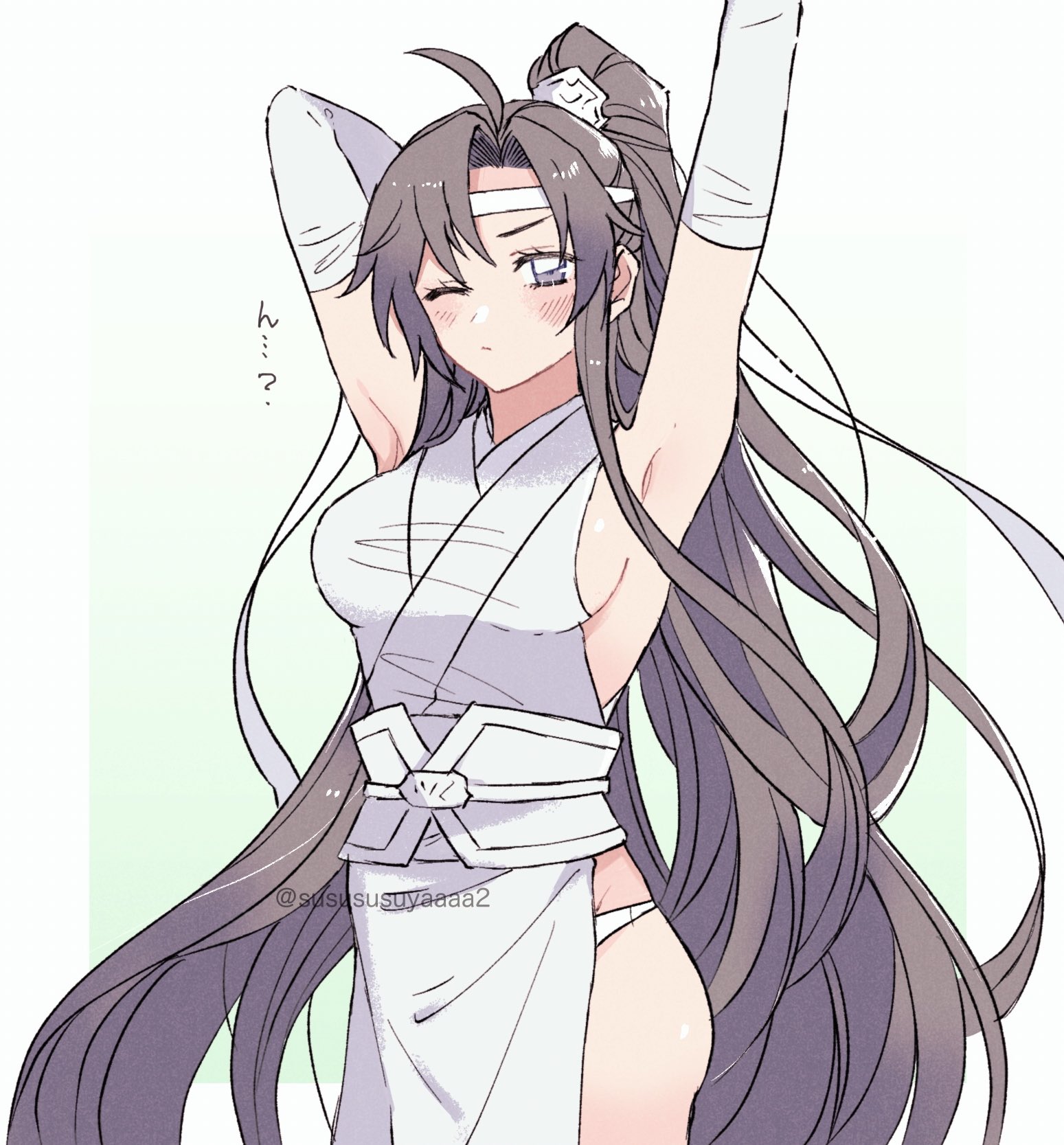 wei wuxian, modao zushi, highres, 1girl, ahoge, alternate costume, alternate hairstyle, arm behind head, arm up, armpits, arms up, black hair, blush, borrowed clothes, breasts, brown hair, china dress, chinese clothes, closed mouth, cowboy shot, dress, elbow gloves, eyelashes, genderswap, genderswap (mtf), gloves, green background, half updo, headband, high ponytail, large breasts, long hair, looking at viewer, one eye closed, panties, pelvic curtain, ponytail, purple eyes, sash, side slit, sideboob, sidelocks, simple background, sleeveless, solo, standing, stretching, twitter username, underwear, very long hair, white background, white dress, white gloves, white headband, white panties, white sash, xiao guan (headdress), yaichi00