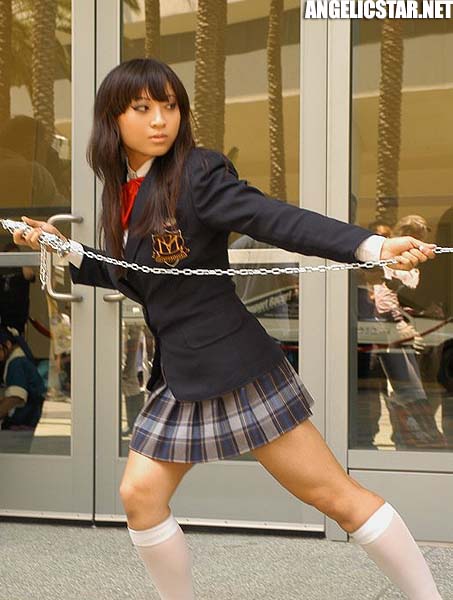 yaya han, gogo yubari, kill bill, photo (medium), angelicstar, asian, brown hair, cosplay, flail, long hair, martial arts, photo shoot, plaid clothes, plaid skirt, school uniform, skirt, thighhighs, weapon