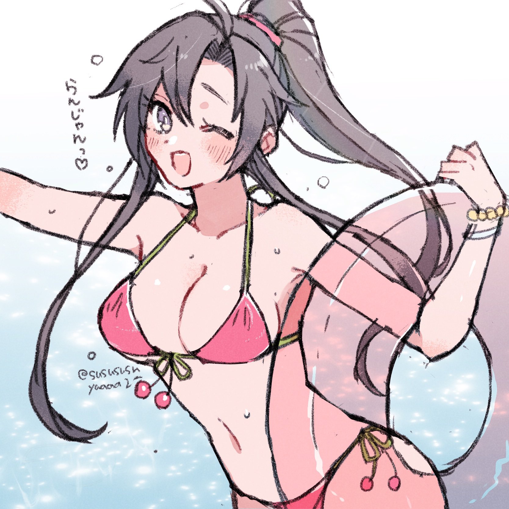 wei wuxian, modao zushi, highres, 1girl, ;d, ahoge, alternate costume, bikini, black hair, blush, bracelet, breasts, cleavage, collarbone, cowboy shot, front-tie top, genderswap, genderswap (mtf), grey eyes, halterneck, holding, holding swim ring, innertube, jewelry, long hair, looking at viewer, medium breasts, navel, one eye closed, open mouth, pink bikini, ponytail, purple eyes, red bikini, side-tie bikini bottom, sidelocks, smile, solo, string bikini, swim ring, swimsuit, twitter username, water, wet, yaichi00