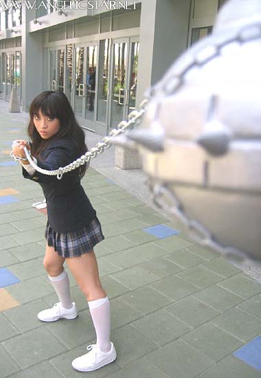 yaya han, gogo yubari, kill bill, photo (medium), angelicstar, asian, brown hair, cosplay, flail, long hair, martial arts, miniskirt, photo shoot, plaid clothes, plaid skirt, school uniform, skirt, thighhighs, weapon