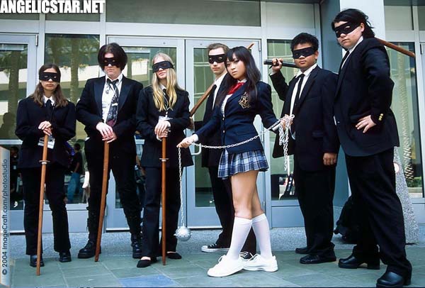 yaya han, crazy 88, gogo yubari, kill bill, photo (medium), angelicstar, asian, brown hair, cosplay, everyone, flail, long hair, martial arts, miniskirt, photo shoot, plaid clothes, plaid skirt, school uniform, skirt, thighhighs, weapon