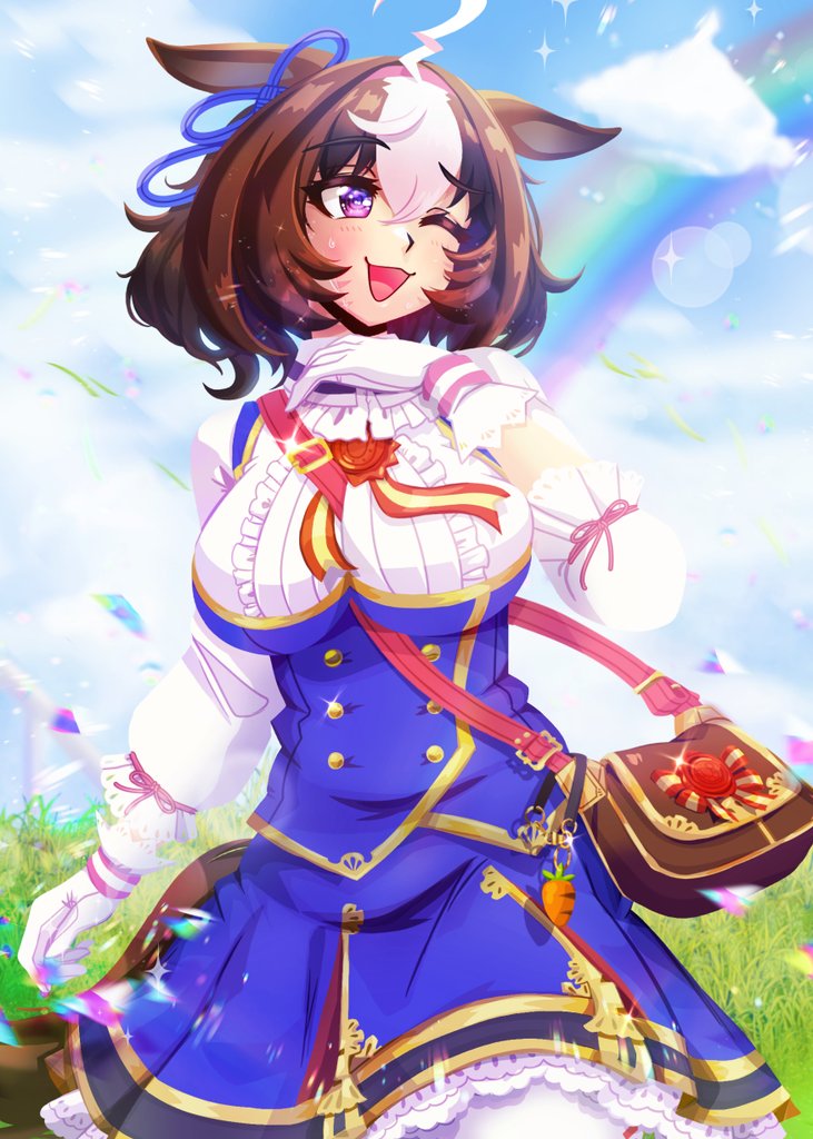 nyapurrlitan, meisho doto (umamusume), umamusume, 1girl, ahoge, animal ears, bag, between breasts, blue dress, blue sky, blush, bow, breasts, brown hair, cloud, double-parted bangs, dress, ear ribbon, gloves, grass, hair between eyes, hairband, headband, horse ears, horse girl, horse tail, large breasts, long sleeves, meisho doto (turbulent blue) (umamusume), multicolored hair, one eye closed, open mouth, outdoors, pantyhose, pink hairband, pink headband, purple eyes, rainbow, short hair, shoulder bag, sky, smile, strap between breasts, tail, two-tone hair, white dress, white gloves, white hair, white pantyhose