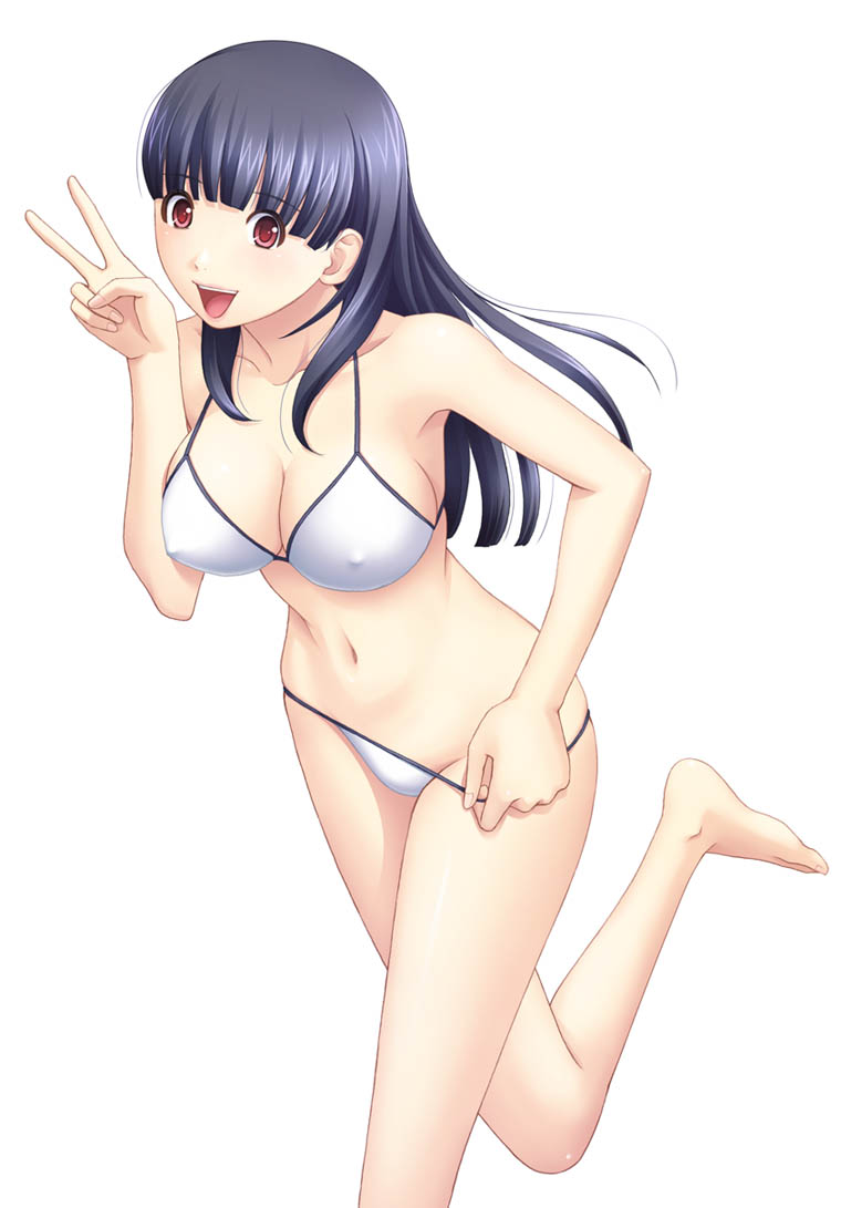 kuri (kurigohan), 1girl, barefoot, bikini, bikini pull, blue hair, blush, breasts, cleavage, clothes pull, covered erect nipples, feet, female focus, happy, large breasts, leg lift, lipstick, long hair, makeup, navel, nipples, pulling own clothes, red eyes, running, sideboob, smile, solo, swimsuit, v, white bikini