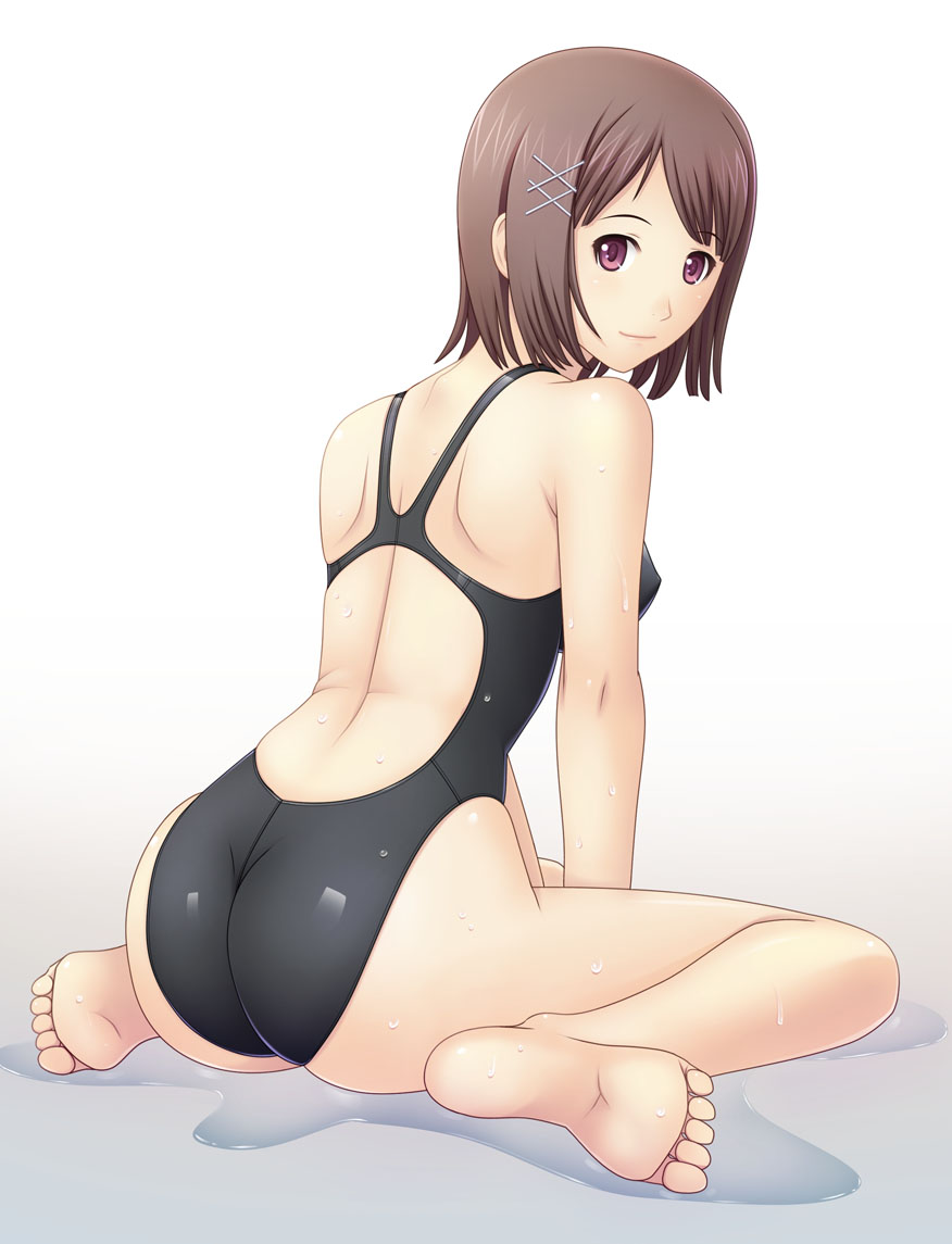 kuri (kurigohan), 1girl, arm support, ass, back, bare arms, barefoot, breasts, brown hair, competition swimsuit, covered erect nipples, feet, female focus, from behind, from side, full body, hair ornament, hairclip, kneeling, leaning forward, looking at viewer, looking back, medium breasts, one-piece swimsuit, purple eyes, red eyes, shiny clothes, shiny skin, short hair, simple background, sitting, skin tight, smile, soles, solo, swimsuit, toes, wariza, water, wet
