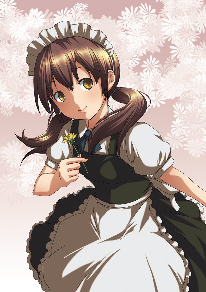 mishima hiroji, hidoi, futaba channel, nijiura maids, 1girl, blouse, brown hair, collared shirt, cowboy shot, female focus, flower, holding, maid, maid headdress, shirt, smile, solo, twintails, white shirt, yellow eyes