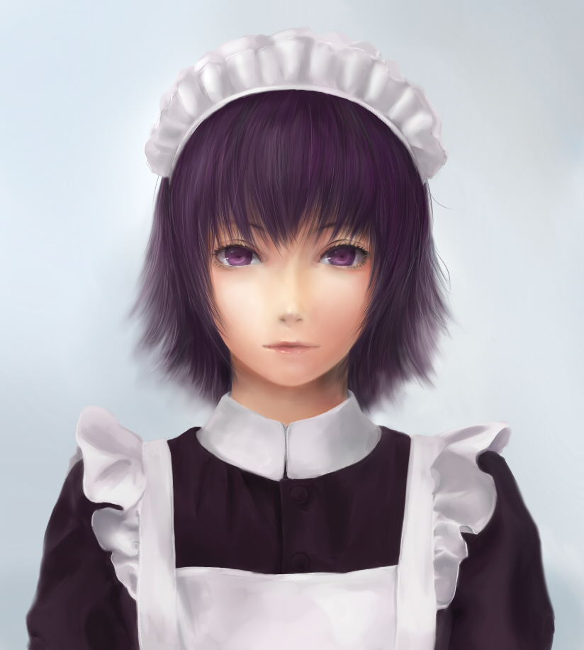 miche, yakui, futaba channel, nijiura maids, bad id, bad pixiv id, 1girl, female focus, maid, purple eyes, purple hair, realistic, solo