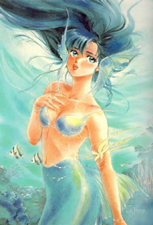 ayukawa madoka, kimagure orange road, lowres, angelfish, bikini, blue hair, fins, fish, gem, head fins, lipstick, long hair, makeup, mermaid, midriff, monster girl, pearl (gemstone), seashell, shell, shell bikini, swimsuit