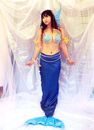 yaya han, ayukawa madoka, kimagure orange road, photo (medium), angelicstar, bikini, bra, breasts, brown hair, cosplay, fins, gem, large breasts, lingerie, long hair, mermaid, monster girl, pearl (gemstone), photo shoot, seashell, shell, shell bikini, underwear