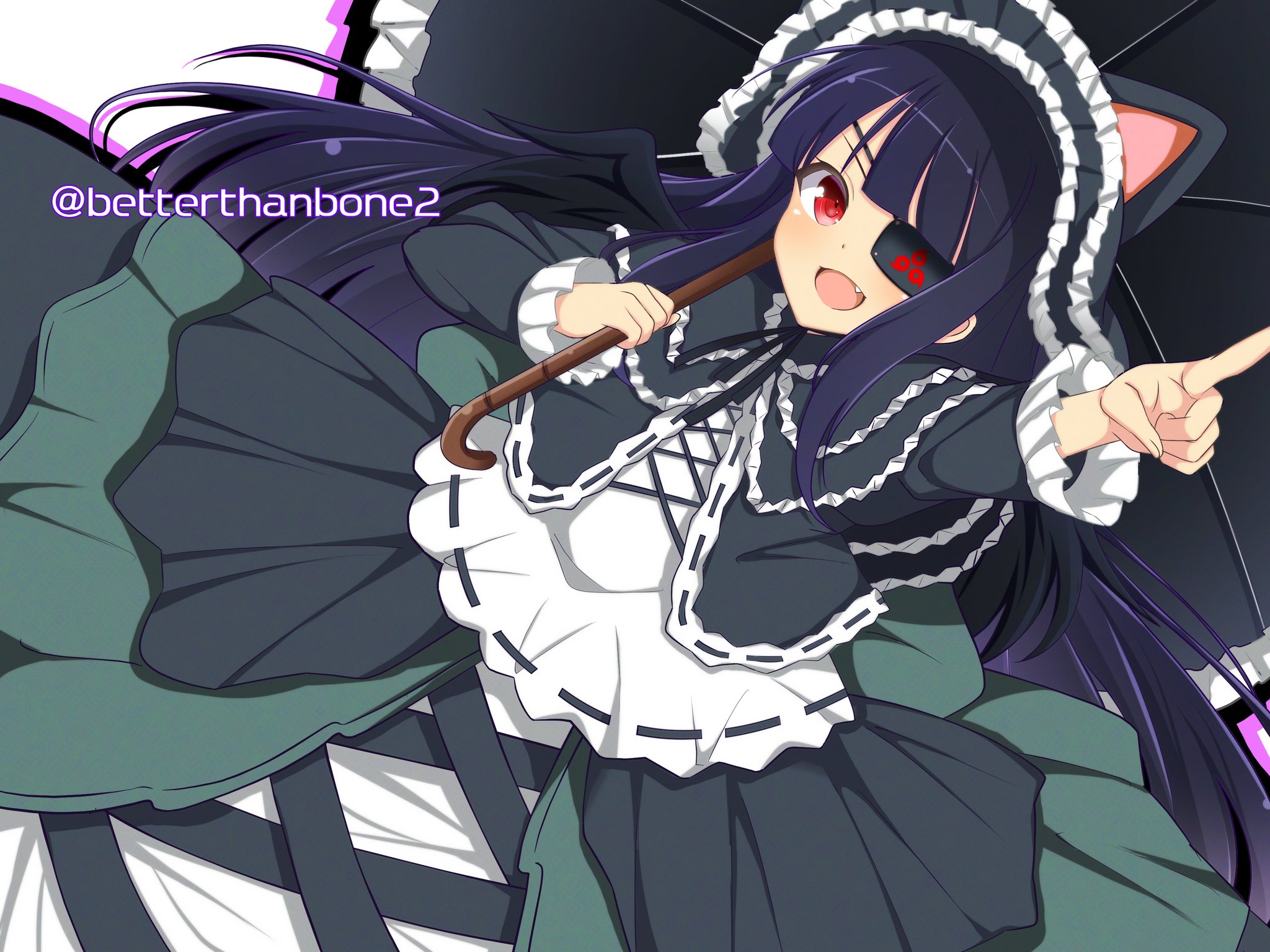 betterthanbone2, mirai (senran kagura), senran kagura, commentary request, highres, 1girl, animal ears, animal hood, black hair, black umbrella, cat ears, cat hood, eyepatch, flat chest, gothic lolita, hood, lolita fashion, long hair, looking at viewer, open mouth, red eyes, smile, solo, tomoe (symbol), umbrella, umbrella gun