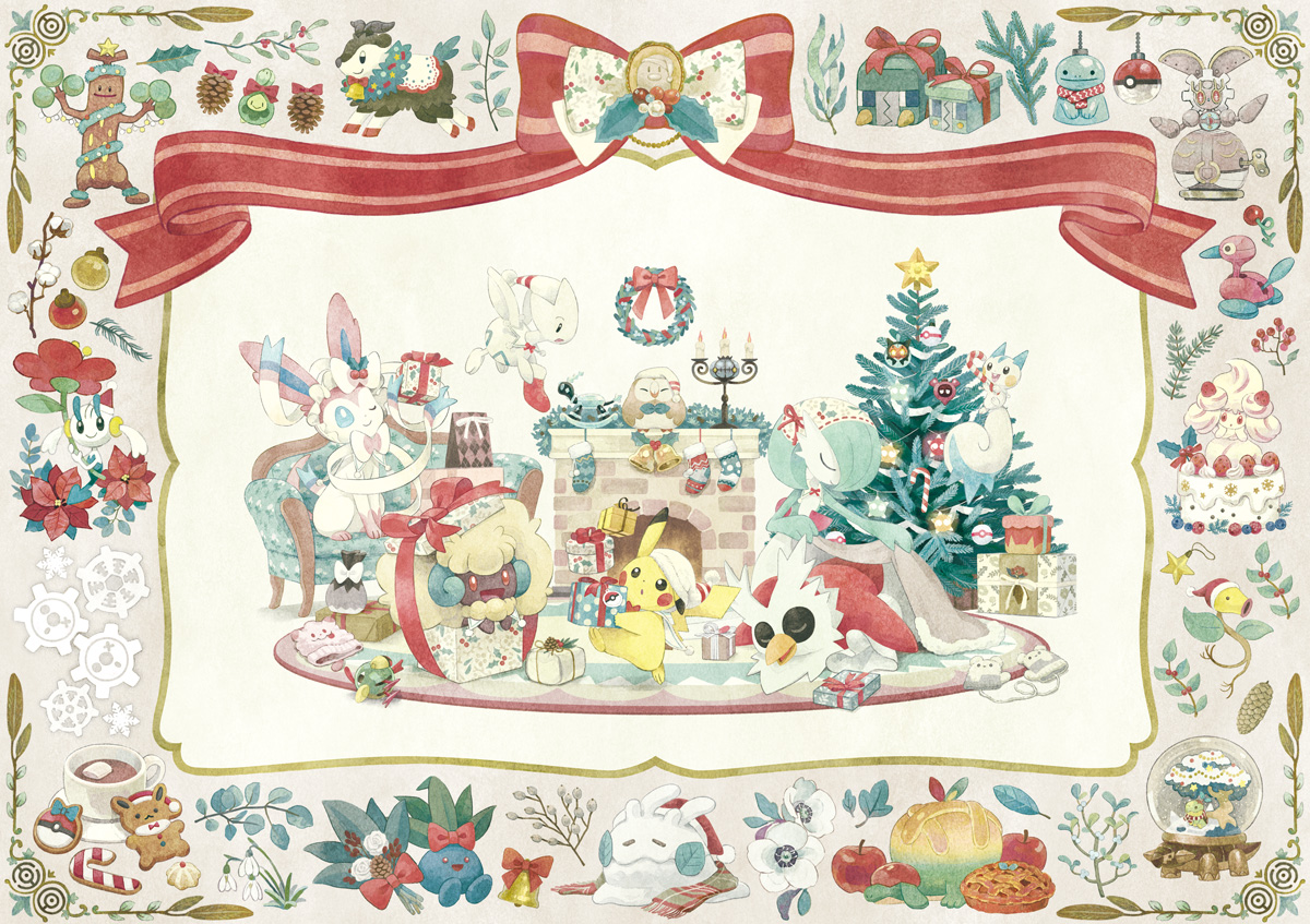 alcremie, applin, bellsprout, budew, chandelure, charjabug, delibird, floette, floette (red flower), gardevoir, goomy, magearna, natu, oddish, ogerpon, pachirisu, pikachu, porygon2, quagsire, rowlet, skiddo, sudowoodo, swirlix, sylveon, togetic, torterra, unown, whimsicott, nintendo, pokemon, commentary request, official art, :d, apple, bow, box, candle, candy, candy cane, chair, christmas, christmas stocking, christmas tree, closed eyes, fire, fireplace, food, fruit, gen 1 pokemon, gen 2 pokemon, gen 3 pokemon, gen 4 pokemon, gen 5 pokemon, gen 6 pokemon, gen 7 pokemon, gen 8 pokemon, gift, gift box, gingerbread cookie, holding, holding gift, legendary pokemon, mythical pokemon, open mouth, pie, poke ball, pokemon (creature), pokemon focus, premier ball, red bow, smile, wreath