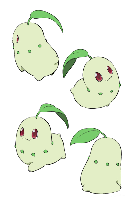 yoko.u, chikorita, nintendo, pokemon, commentary, closed mouth, gen 2 pokemon, looking at viewer, no humans, pokemon (creature), pokemon focus, red eyes, simple background, sitting, smile, standing, walking, white background
