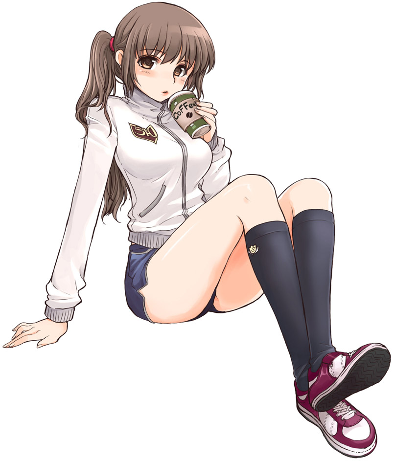 mirk, brown hair, coffee, crossed legs, jacket, legs, long hair, ponytail, red eyes, shorts, sitting, solo