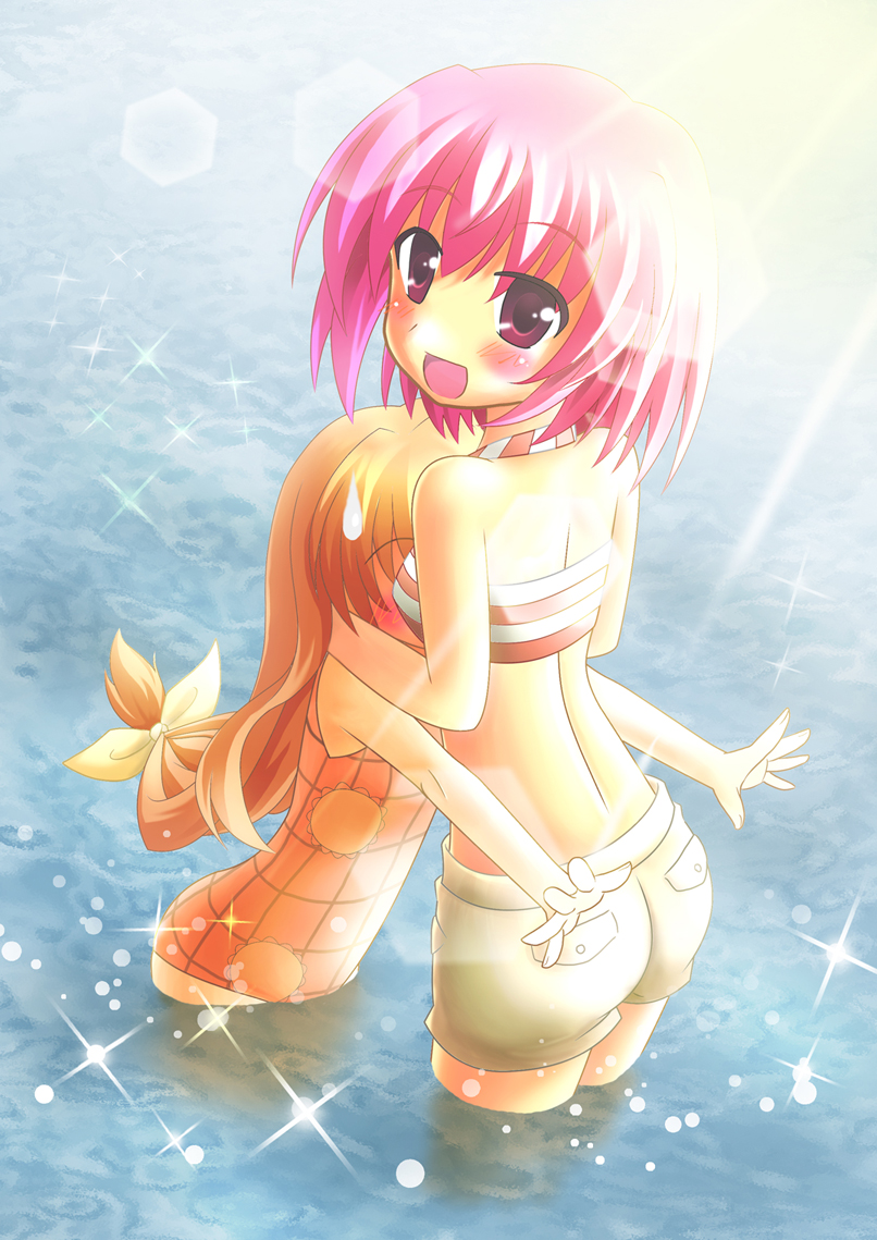 nisuki, aisaka taiga, kushieda minori, toradora!, 00s, 2girls, back, blush, bow, breast smother, breasts, brown hair, casual one-piece swimsuit, hair bow, halterneck, lens flare, long hair, looking back, multiple girls, ocean, one-piece swimsuit, pink hair, purple eyes, red hair, short hair, shorts, smile, smother, sparkle, sweatdrop, swimsuit, wading, water, yuri