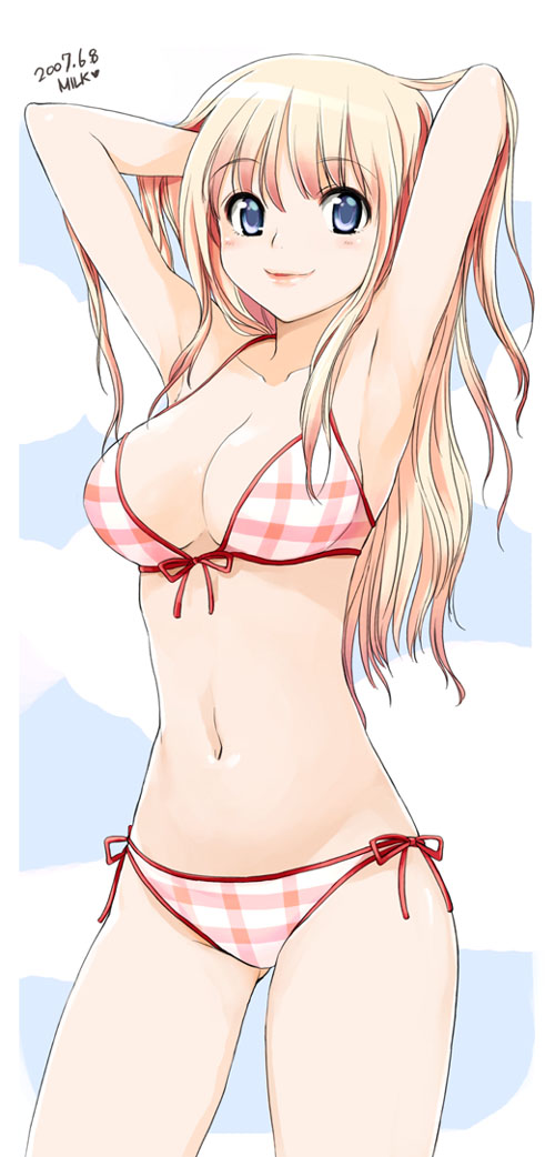 mirk, 1girl, armpits, arms up, bikini, blonde hair, blue eyes, breasts, checkered bikini, checkered clothes, cleavage, female focus, front-tie top, lips, long hair, navel, panties, plaid bikini, plaid clothes, side-tie bikini bottom, smile, solo, swimsuit, underwear